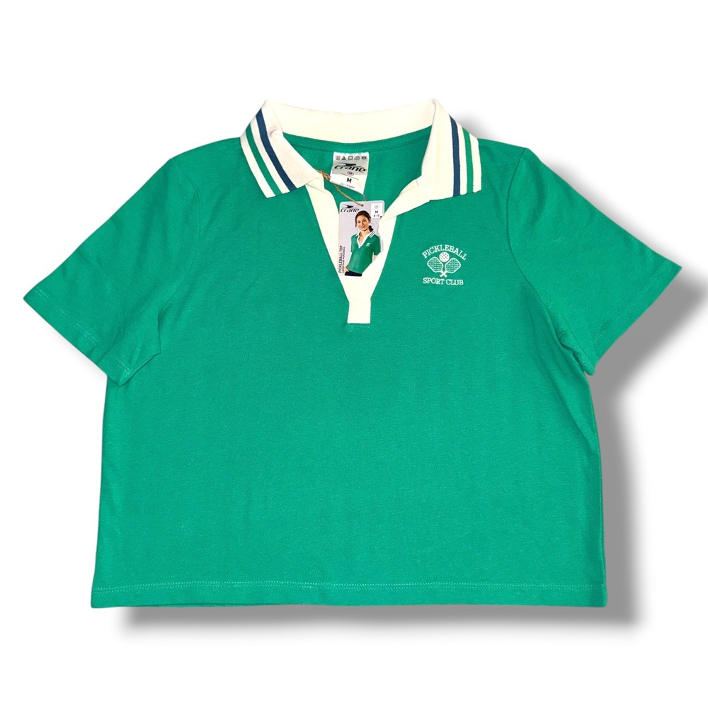 Crane Pickleball Top Womens Medium Green Cropped V-Neck Polo Sport Club NWT